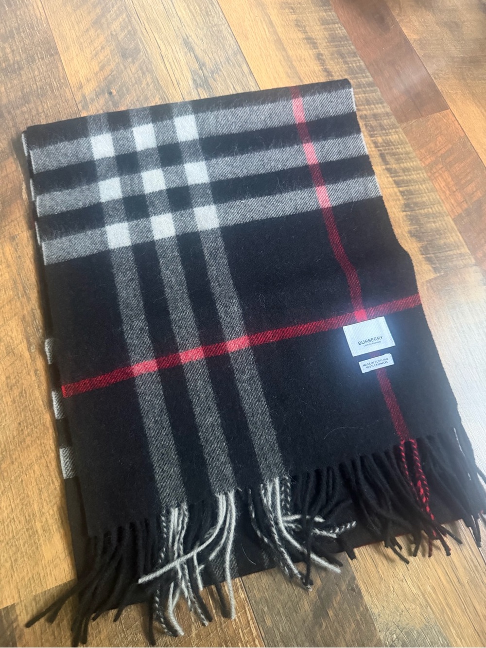 Burberry Black Check Wool-Blend Scarf with Red Accents